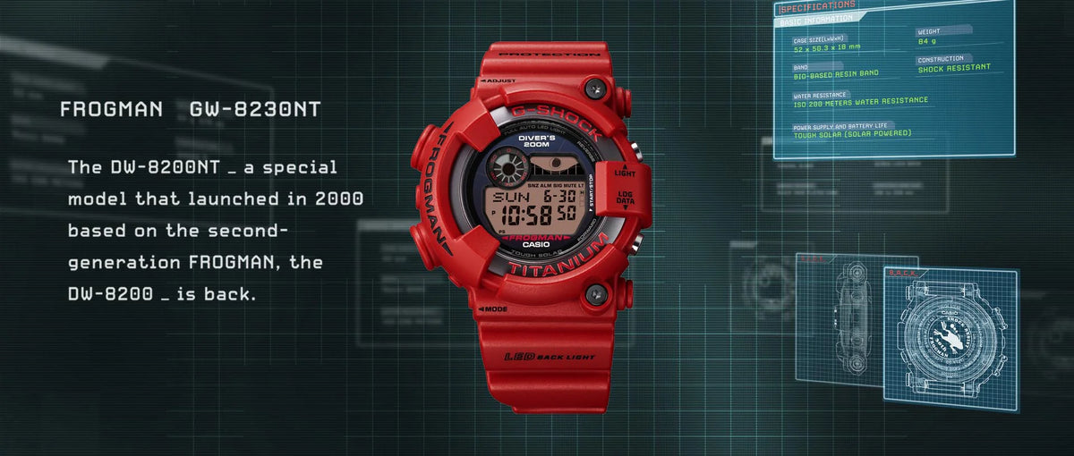 Bright red Casio G-Shock Frogman GW-8230NT digital watch with a bio-based resin band and titanium case details.