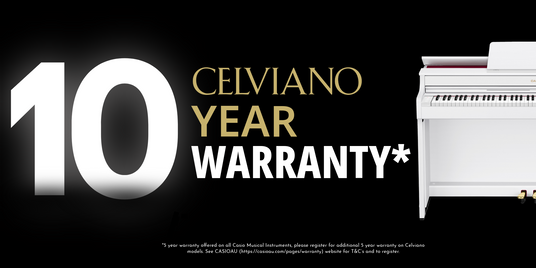 White Casio Celviano digital piano next to bold text advertising a 10-year warranty on a black background.