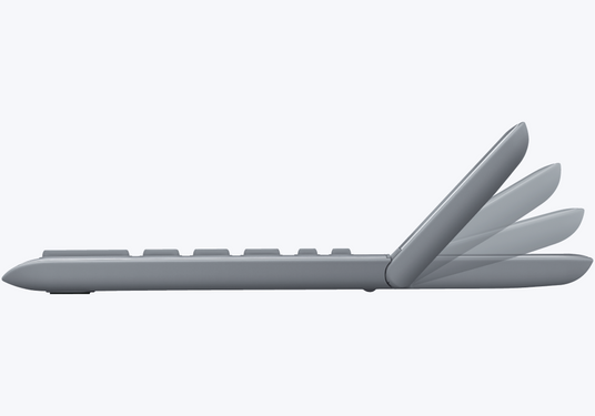 Side view of a grey keyboard with a hinge mechanism showing multiple adjustable display tilt angles.