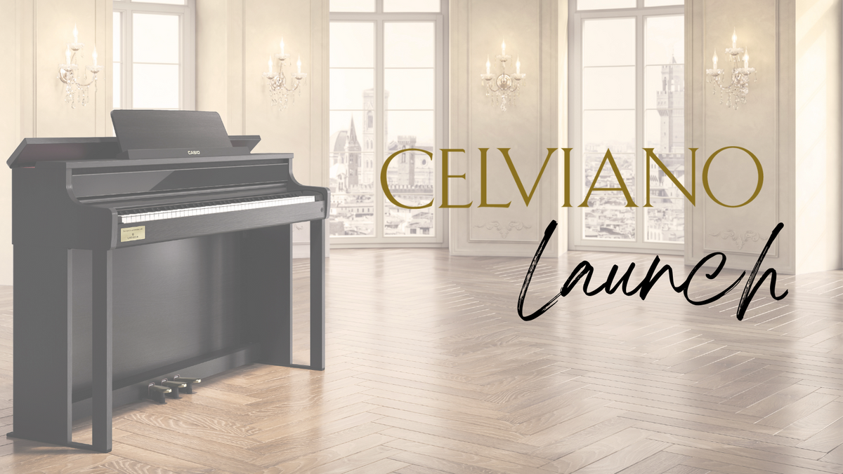 Black Casio Celviano digital piano in an elegant room with chandeliers and text reading Celviano Launch.