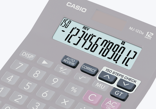 Casio MJ-12Da 12-digit calculator with a grey body, large LCD screen, and highlighted Auto Review and Check keys.