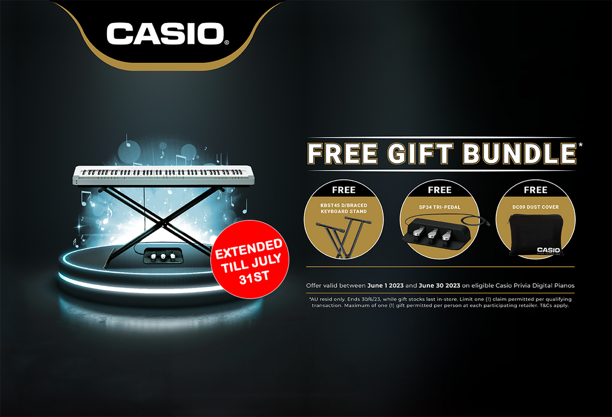 Casio Privia digital piano on a stand with a free gift bundle including a keyboard stand, tri-pedal, and dust cover.