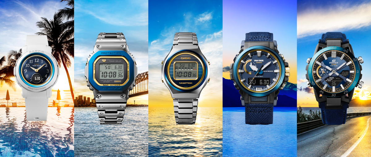 Five Casio watches from the Sky and Sea collection displayed against vibrant tropical and coastal sunset backgrounds.