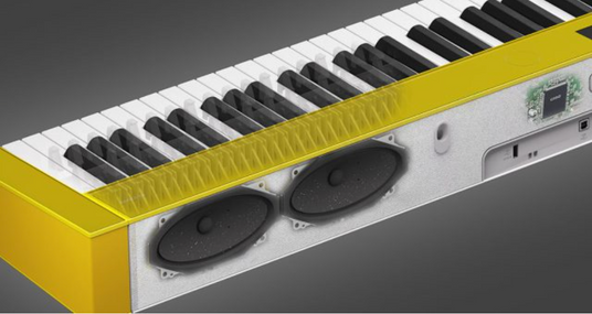 Internal view of a yellow keyboard showing dual oval speakers and electronic components beneath the white and black keys.