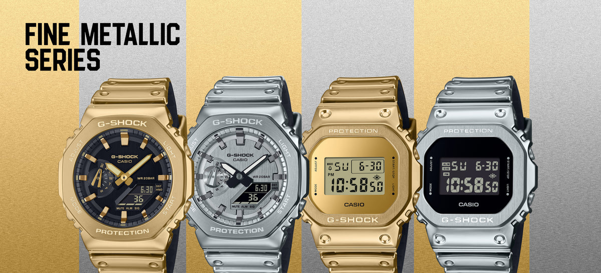 Four G-Shock Fine Metallic series watches in gold and silver stainless steel with analog and digital displays.