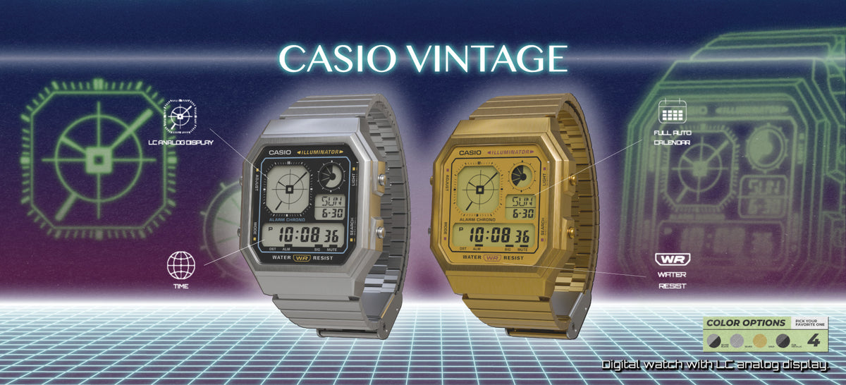 Silver and gold Casio Vintage digital watches with LC analog displays against a retro-futuristic grid background.