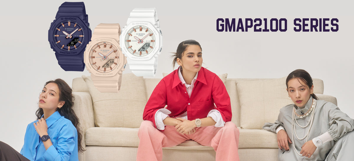 Three G-SHOCK GMAP2100 watches in navy, beige, and white displayed above three stylish women on a beige sofa.