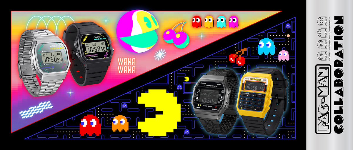 Four Casio Pac-Man collaboration digital watches displayed against a colorful, retro-themed arcade background.