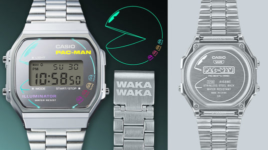 Casio Pac-Man digital watch with a silver metal band, featuring colorful ghost graphics and Waka Waka engraving on the clasp.