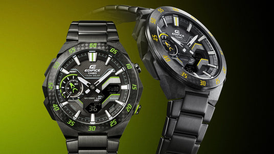 Two black Casio Edifice solar watches with carbon fiber bezels and vibrant neon green accents against a gradient background.