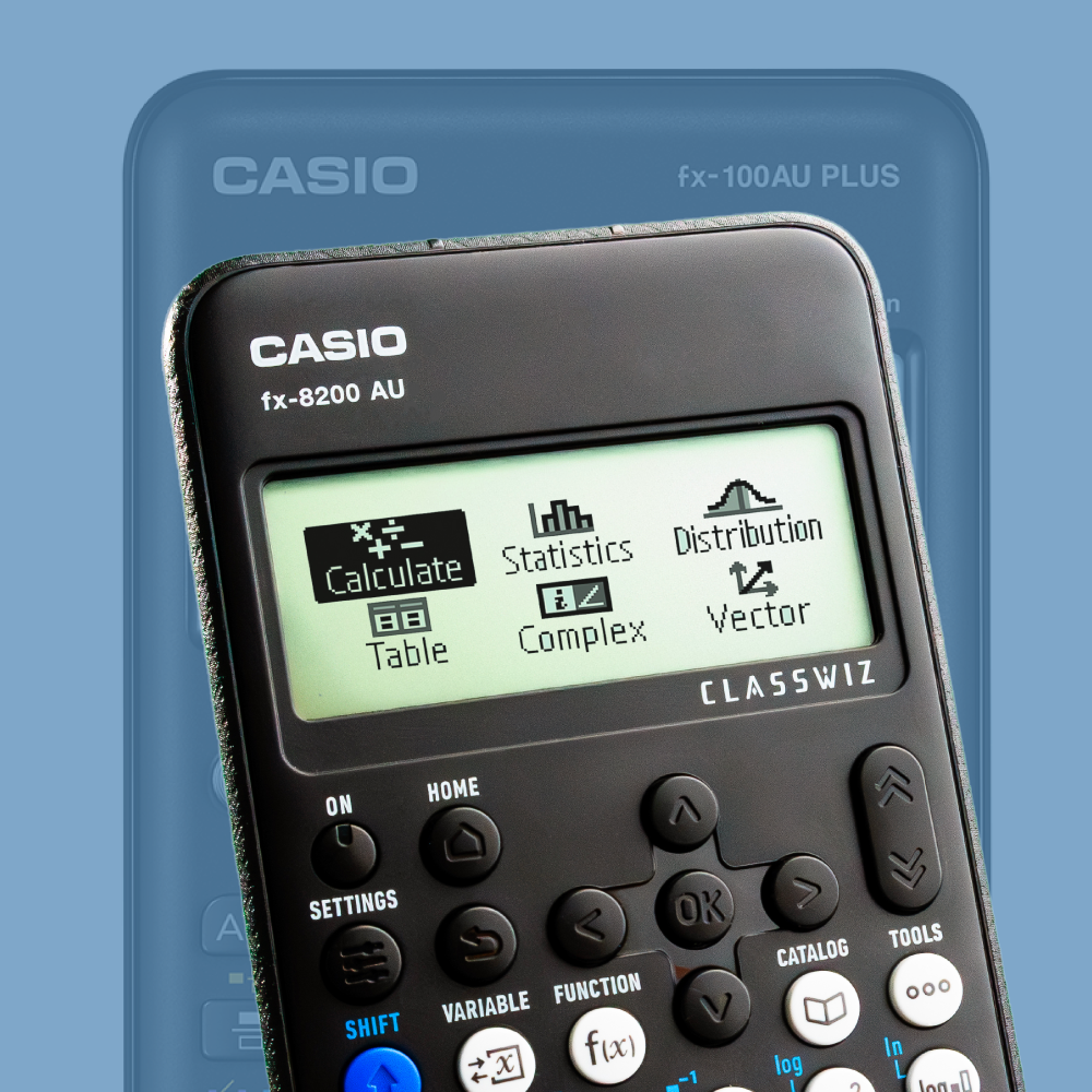 Casio fx-8200 AU ClassWiz scientific calculator featuring a digital menu screen with icons for statistics and distribution.
