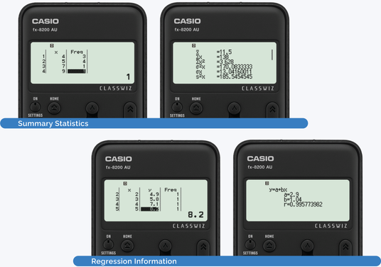 Casio fx-8200 AU ClassWiz calculator screens displaying summary statistics and linear regression data tables.