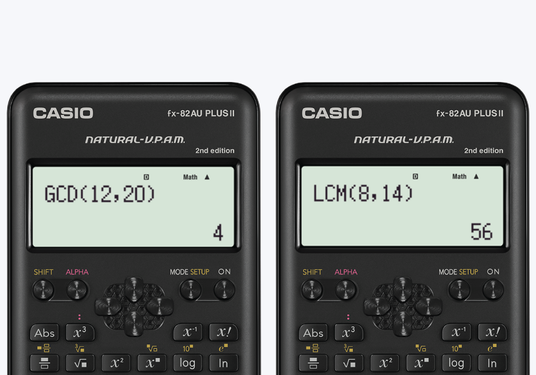 Two Casio fx-82AU PLUS II scientific calculators displaying GCD and LCM math functions on their digital screens.