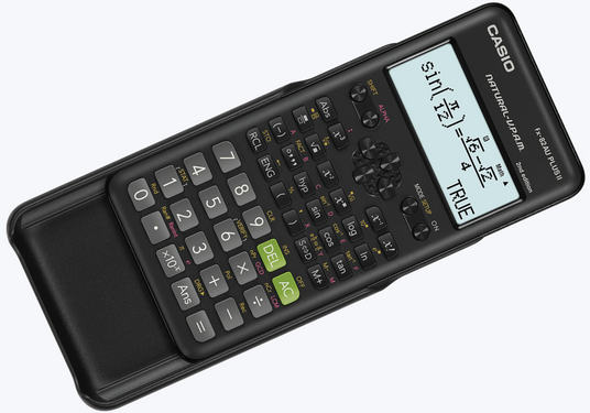 Black Casio fx-82AU PLUS II scientific calculator with a slide-on protective cover and a digital display showing math.