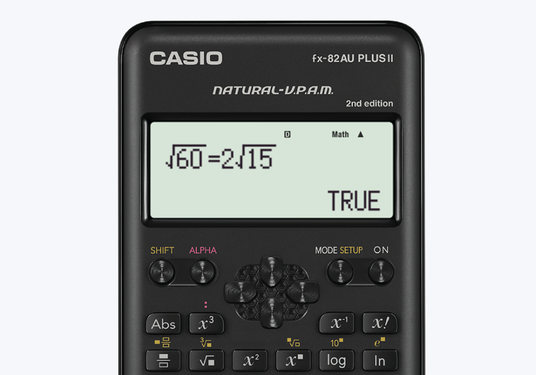 Casio fx-82AU PLUS II scientific calculator showing a square root simplification on its LCD screen with a TRUE result.
