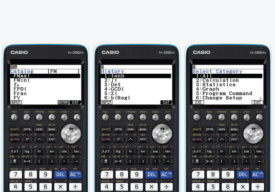 Three Casio fx-CG50AU graphing calculators displaying different menu screens with black and white text on color displays.