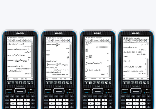 Four Casio fx-CP400 graphing calculators displaying complex algebraic and calculus equations on their color screens.