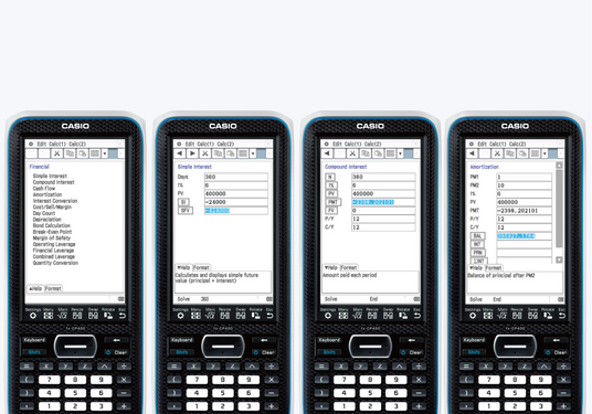 Four Casio fx-CP400 graphing calculators displaying financial calculation menus for interest and amortization.