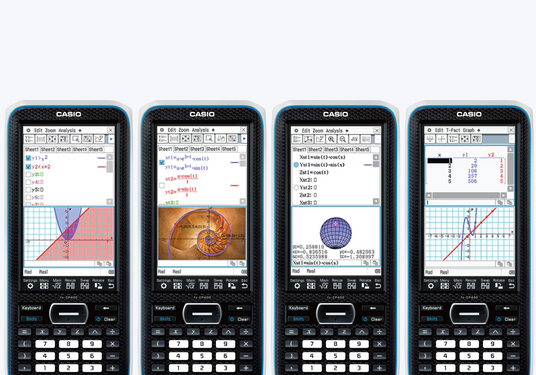 Four Casio fx-CP400 graphing calculators displaying various 2D and 3D mathematical functions and geometric graphs.