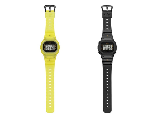 Two G-Shock digital watches in translucent neon yellow and matte black with square faces and lightning bolt accents.