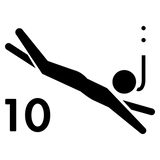 Black icon of a snorkeler swimming horizontally next to the number 10, indicating a 10-bar water resistance rating.