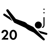 Black icon of a person snorkeling with the number 20, representing a 20-bar pressure rating for water resistance.