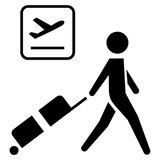 Black icon of a person walking with a rolling suitcase near an airport departure sign.