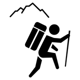 Black icon of a hiker with a backpack and trekking pole climbing a mountain peak.