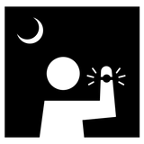 Minimalist black and white icon of a person checking a glowing watch under a crescent moon at night.