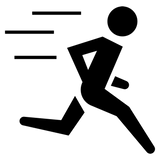 Black silhouette icon of a person running fast with motion lines indicating speed.