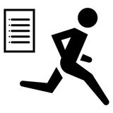 Black icon of a person running next to a rectangular checklist on a white background.