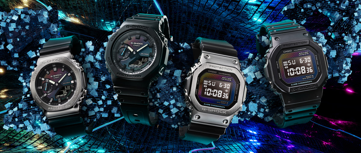 Four Casio G-Shock watches with metallic bezels and vibrant rainbow-patterned digital displays against a futuristic background.