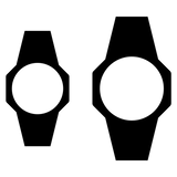 Two black minimalist watch icons of different sizes with circular faces on a white background.