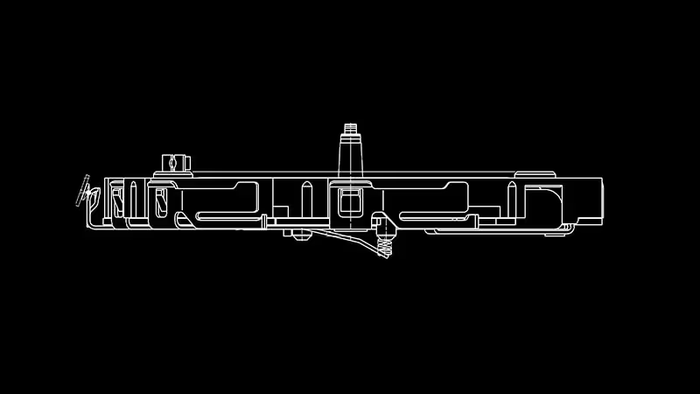 Technical CAD wireframe drawing of a mechanical component on a black background.