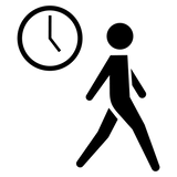 Minimalist black icon of a person walking next to a simple clock face, representing punctuality or time management.