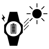 Black icon of a smartwatch charging via solar energy with a battery level indicator and sun rays.
