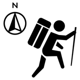 Black icon of a hiker with a backpack and walking stick next to a north-pointing compass symbol.