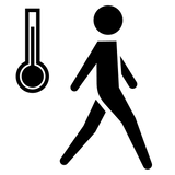Black icon of a person walking next to a thermometer, representing temperature and physical activity.