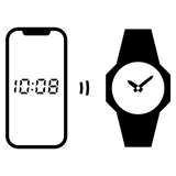Black and white icon of a smartphone syncing time with an analog wristwatch via a wireless connection.