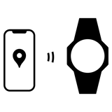 Black icon of a smartphone with a location pin connecting wirelessly to a smartwatch.