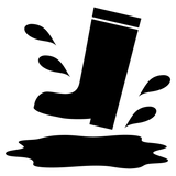 Black silhouette icon of a rubber boot splashing into a puddle of mud or water on a white background.