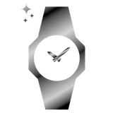 Minimalist wristwatch icon with a polished metallic finish and sparkling accents on a white background.