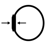 Black silhouette of a smartwatch side profile with arrows indicating its slim thickness.