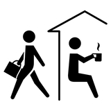 Black icon showing a person with a briefcase walking past someone sitting inside a house drinking coffee.