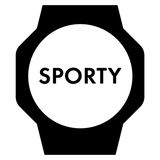 Minimalist black icon of a wristwatch with a white circular face featuring the word SPORTY in bold black text.