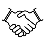Minimalist black outline icon of two hands shaking, symbolizing partnership and professional collaboration.