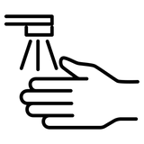 Minimalist black line icon of a hand being washed under a running faucet stream.