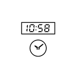 Minimalist black and white icons of a digital clock showing 10:58 and an analog clock face.