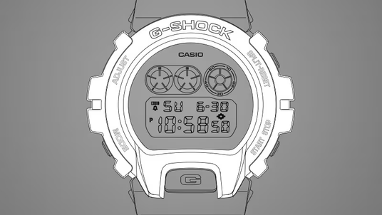 Line art illustration of a Casio G-Shock digital watch with a triple-eye display and front G button.