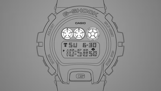 Minimalist line art illustration of a Casio G-Shock watch face with three circular dials and a digital display.